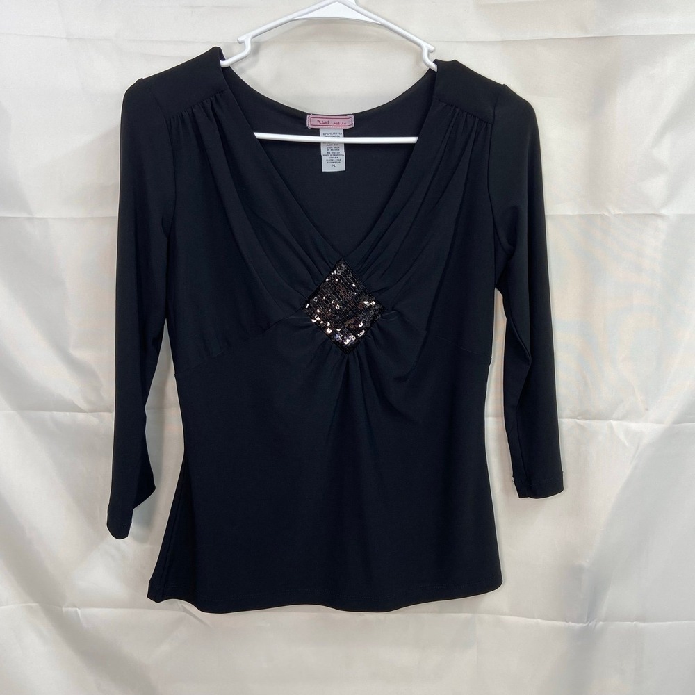 Vintage Vol. 1 petite women's black sequin diamond v-neck stretch blouse‎ large